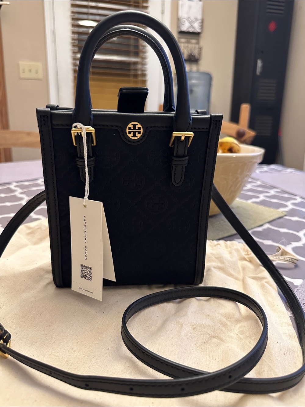 Tory Burch Black Mini Tote Crossbody with Gold Logo